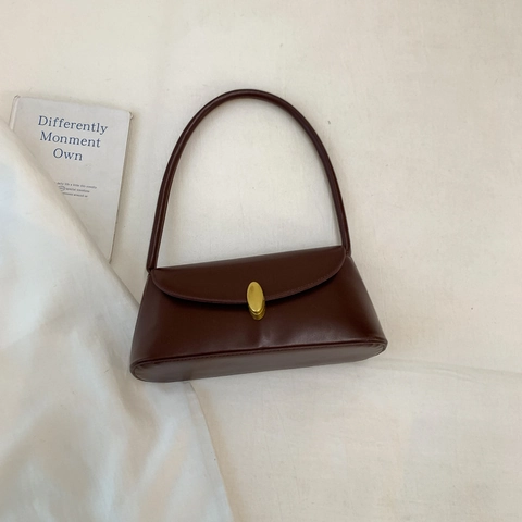 Women's Retro PU Leather Underarm Shoulder Bag Minimalist Small Square Flap Bag With Oval Metal Buckle Elegant Handbag