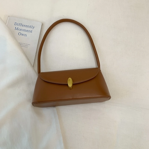 Women's Retro PU Leather Underarm Shoulder Bag Minimalist Small Square Flap Bag With Oval Metal Buckle Elegant Handbag