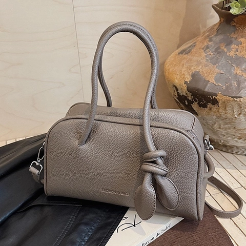 Vintage Damen PU Leder Boston Handtasche Kieselmaserung Schulter Umhängetasche Mit Knotendekoration Für Freizeit Pendeln