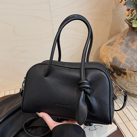 Vintage Damen PU Leder Boston Handtasche Kieselmaserung Schulter Umhängetasche Mit Knotendekoration Für Freizeit Pendeln