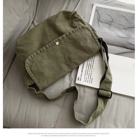 Bolso de Hombro de Lona Vintage Bolso Bandolera Relajado para Mujer Estilo Japonés Color Sólido Bolso Mensajero Correa Ajustable