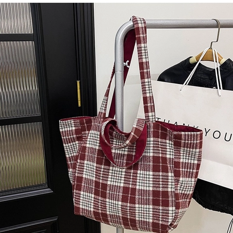 Damen Britischer Stil Wollen Kariert Tote Bag Groß Kapazität Lässig Preppy Schultertasche Täglich Handtasche Herbst Winter