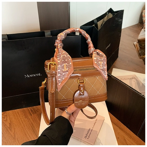 Bolso de Caja Acolchado de Rombos Vintage para Mujer Con Asa de Pañuelo de Seda Color de Contraste Bolso de Hombro de Cuero PU Moda
