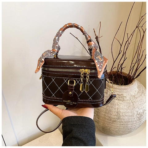 Bolso de Caja Acolchado de Rombos Vintage para Mujer Con Asa de Pañuelo de Seda Color de Contraste Bolso de Hombro de Cuero PU Moda