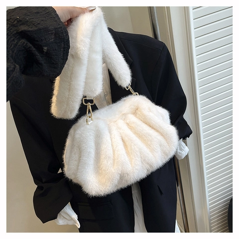 Dames Elegante Retro Kunstbont Wolk Schoudertas Geplooide Pluche Handtas Met Gouden Hardware Mode Herfst Winter Crossbody Tas