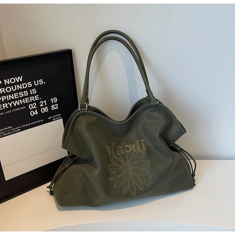 Dames Suède Tote Bag Met Grote Capaciteit Casual Vintage Madeliefje Borduurwerk Schoudertas Met Trekkoord Dagelijks