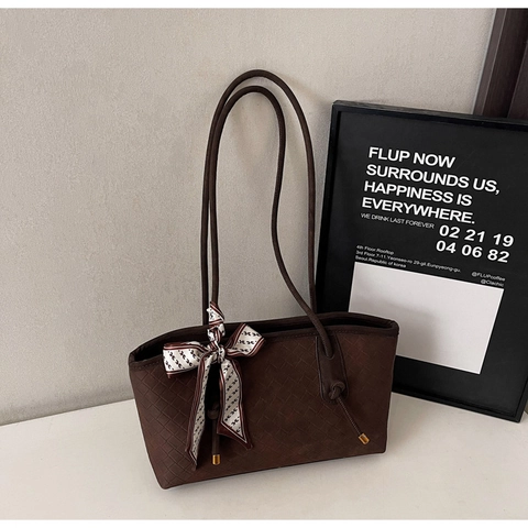 Damen Vintage Gewebte Textur Tragetasche Kunstleder Große Kapazität Umhängetasche Mit Dekorativen Schleifen-Schal Pendeln Handtasche