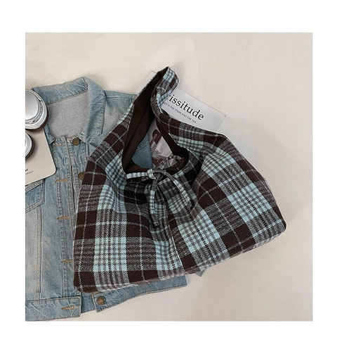 Sac Cabas Vintage en Laine à Carreaux Style Coréen Grande Capacité Sac à Épaule Décontracté Avec Nœud pour Femme Sac Rétro