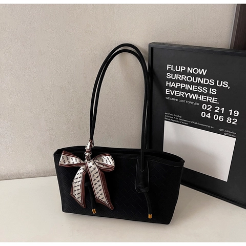 Damen Vintage Gewebte Textur Tragetasche Kunstleder Große Kapazität Umhängetasche Mit Dekorativen Schleifen-Schal Pendeln Handtasche