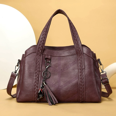 Vintage Women PU Leather Shoulder Bag Large Capacity Tote Bag With Braided Handle Tassel Cat Charm Elegant Satchel Handbag