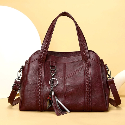 Vintage Women PU Leather Shoulder Bag Large Capacity Tote Bag With Braided Handle Tassel Cat Charm Elegant Satchel Handbag