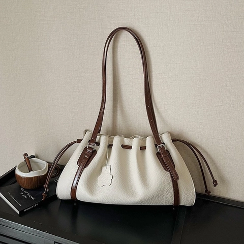 Women Retro Pleated Tote Bag Litchi Texture PU Leather Shoulder Bag With Drawstring Magnetic Buckle Daily Underarm Bag