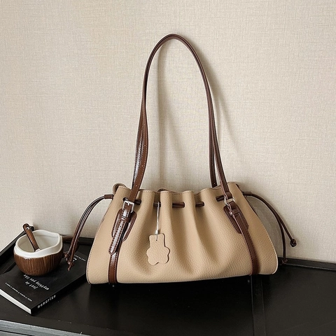Women Retro Pleated Tote Bag Litchi Texture PU Leather Shoulder Bag With Drawstring Magnetic Buckle Daily Underarm Bag