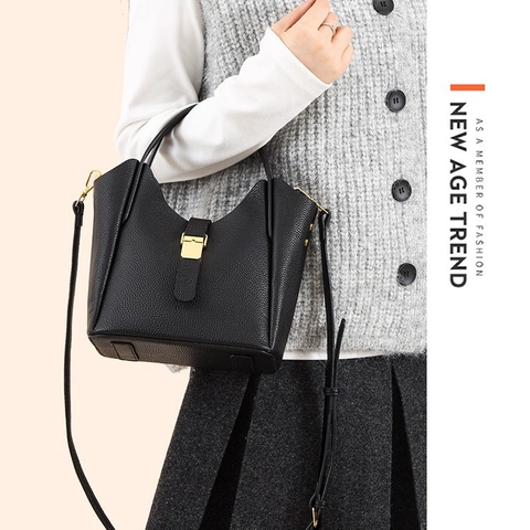 Women High Quality Lychee Texture Leather Bucket Bag Gold Buckle Shoulder Crossbody Handbag For Daily Commute Fashion