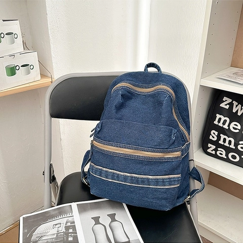 Zaino in Denim Lavato Retrò da Donna Grande Capacità Multitasche Casual Street Style Borsa a Spalla per Viaggio Scuola