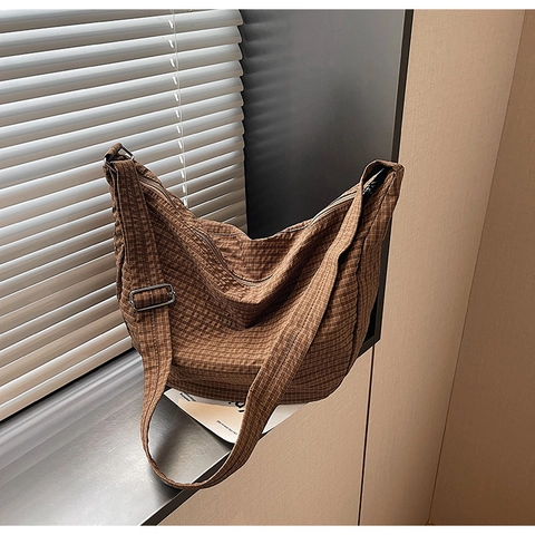 Women's Large Capacity Plaid Tote Bag Casual Fabric Hobo Shoulder Bag With Adjustable Strap For Commuting Daily Use