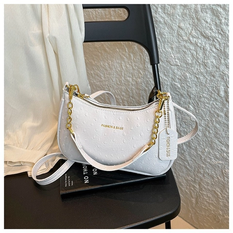 Bolso de Axila de Cuero PU Con Patrón de Avestruz Para Mujer Cadena Oro Bolso de Hombro Moda Bolso Hobo Media Luna Elegante