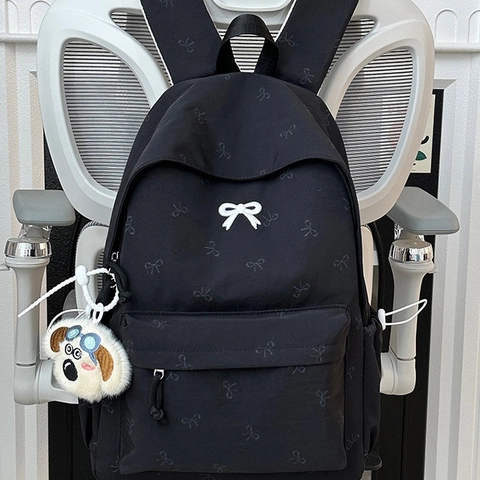 Zaino in Nylon di Grande Capacità Donna Ragazza Motivo a Fiocco Zainetto Con Ciondolo Cane Peluche Stile Giapponese Borsa da Viaggio
