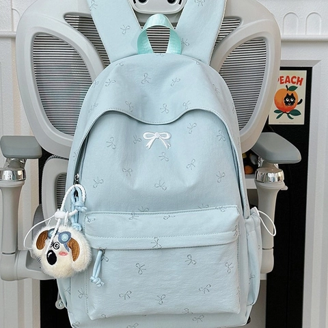 Zaino in Nylon di Grande Capacità Donna Ragazza Motivo a Fiocco Zainetto Con Ciondolo Cane Peluche Stile Giapponese Borsa da Viaggio
