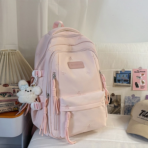 Zaino in Nylon da Donna Carino Con Ricamo a Fiocco Borsa da Scuola Grande Capacità Zaino per Studenti Con Ciondolo in Peluche