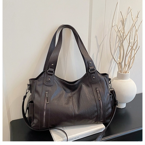 Retro Minimalist Women PU Leather Tote Bag Large Capacity Multi Pocket Shoulder Crossbody Bag Daily Practical Handbag