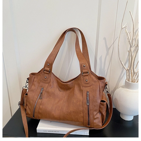 Retro Minimalist Women PU Leather Tote Bag Large Capacity Multi Pocket Shoulder Crossbody Bag Daily Practical Handbag