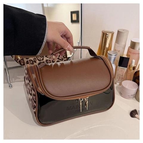 Large Capacity Double Layer PU Leather Leopard Makeup Bag Waterproof Portable Travel Toiletry Organizer Handheld Cosmetic Case