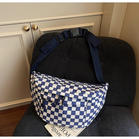 Marsupio da Petto in Velluto a Coste a Scacchiera per Donna Uomo Streetwear Moda Borsa a Tracolla Grande Capacità Borsa da Viaggio