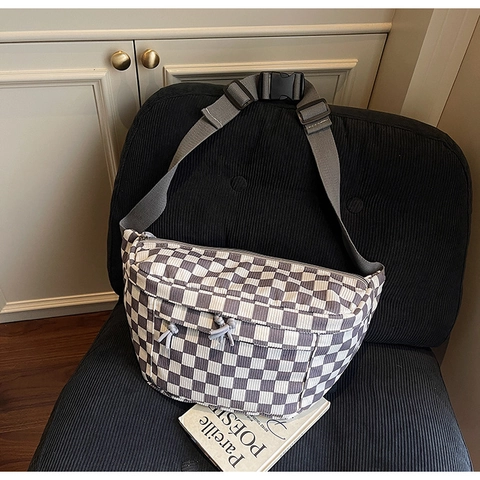Marsupio da Petto in Velluto a Coste a Scacchiera per Donna Uomo Streetwear Moda Borsa a Tracolla Grande Capacità Borsa da Viaggio