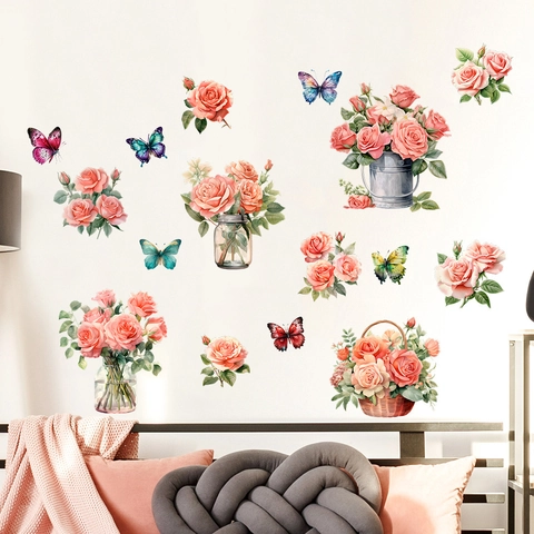 Watercolor Pink Rose Flower Basket Vase Wall Sticker Removable PVC Butterfly Floral Mural Decal For Living Room Bedroom Home Decor
