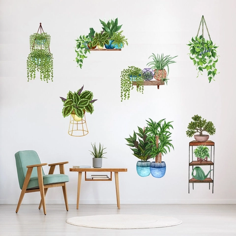Stickers Muraux Plantes Vertes Aquarelle Nordique Imperméable PVC Feuilles Paniers Suspendus Décor pour Chambre Enfant Salon