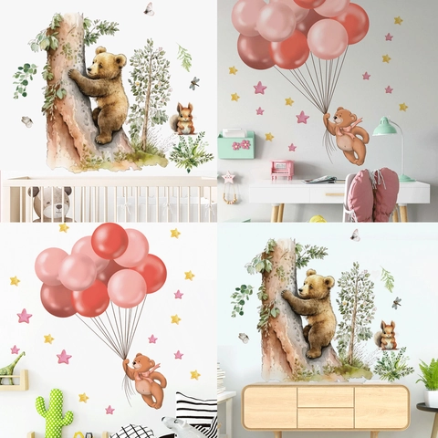 Aquarel Cartoon Beer Boom Muurstickers Verwijderbare PVC Dier Ballon Muurstickers Voor Kinderkamer Babykamer Slaapkamer Decor