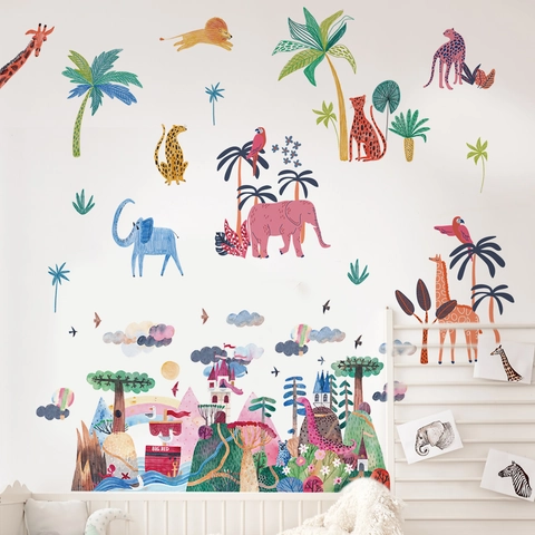 Pegatinas de Pared de Zoo de Animales de Dibujos Animados PVC Removibles Autoadhesivas Nórdicas Decoración de Habitación Infantil Selva Castillo