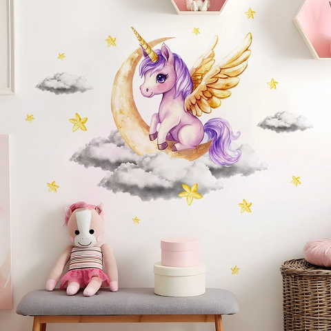 Watercolor Unicorn Moon Star Wall Stickers For Kids Room Bedroom Decor PVC Removable Cartoon Animal Cloud Wall Decal