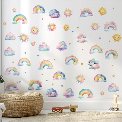 Watercolor Rainbow Wall Stickers Cartoon Sun Cloud Star PVC Removable Decals For Kids Room Nursery Home Decor