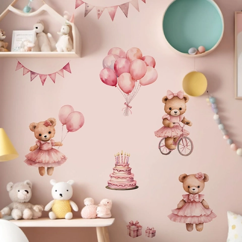 Aquarell Cartoon Teddybär Rosa Ballon Wandaufkleber Kinderzimmer Wandtattoos Geburtstagstorte Party Dekoration