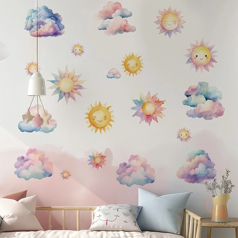 Watercolor Rainbow Wall Stickers Cartoon Sun Cloud Star PVC Removable Decals For Kids Room Nursery Home Decor