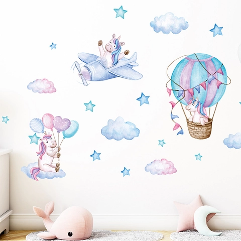 Unicorn Hot Air Balloon Airplane Wall Stickers For Kids Room Nursery Decor PVC DIY Cartoon Clouds Stars Wall Decals