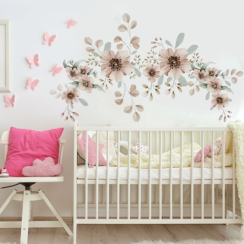 Adesivo Murale con Fiori Acquerello Bohemien Floreale PVC Autoadesivo Vintage Home Decor Per Cameretta Camera da Letto Soggiorno