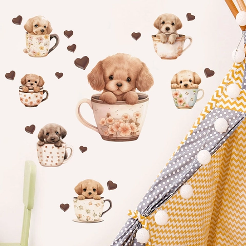 Cartoon Puppy Tea Cup Wall Stickers Cute Watercolor Puppy In Cup Removable PVC Wall Decals For Kids Nursery Kitchen Decor