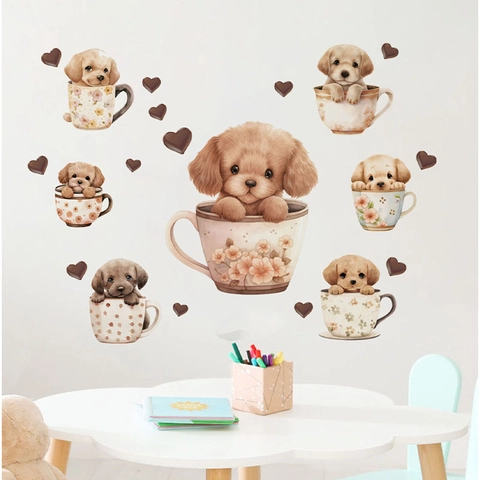 Cartoon Puppy Tea Cup Wall Stickers Cute Watercolor Puppy In Cup Removable PVC Wall Decals For Kids Nursery Kitchen Decor