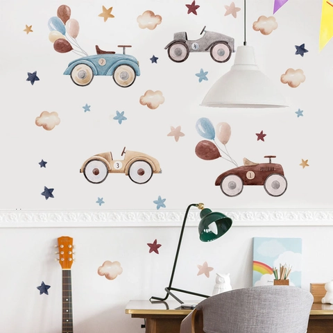 Ensemble de Stickers Muraux Voiture de Course Rétro Aquarelle Avec Ballons Nuages Étoiles pour Décoration Chambre Enfant