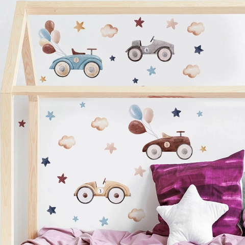 Ensemble de Stickers Muraux Voiture de Course Rétro Aquarelle Avec Ballons Nuages Étoiles pour Décoration Chambre Enfant