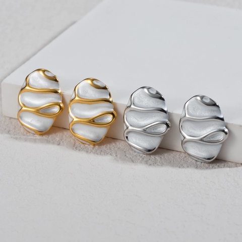 Vintage Stainless Steel Enamel Earrings For Women Chic Irregular Oval Heart Geometric Stud Earrings Gold Silver Fashion Jewelry