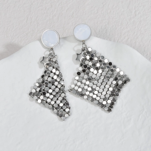 Geometric Rhombus Mesh Sequin Long Drop Earrings Stainless Steel With White Round Stud And Star Charm For Women Unique Boho
