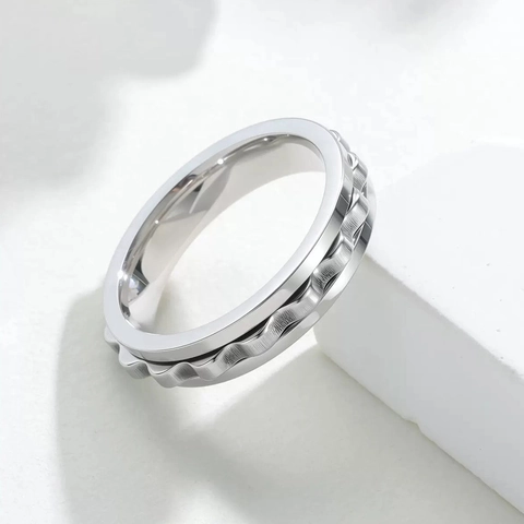 Stainless Steel Spinner Ring For Men Women Stress Relief Rotatable Wave Gear Pattern Punk Polished Titanium Steel Band Ring