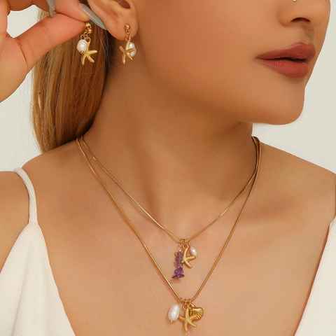 Edelstahl Ozean Serie Schmuck Mit Künstliche Perle Seestern Muschel Seepferdchen Anhänger Schlangenknochenkette Für Damen