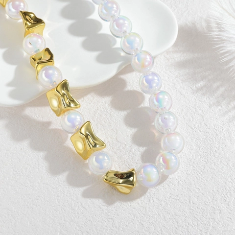 Stainless Steel Beaded Necklace Women Baroque Artificial Pearl Color Blocking Irregular Metal Fashion Jewelry Neck Chain
