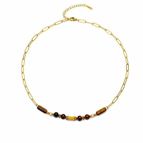 Vintage Bohemian Stainless Steel Paperclip Chain Necklace Bracelet With Brown Tiger Eye Stone For Women Jewelry Accessories