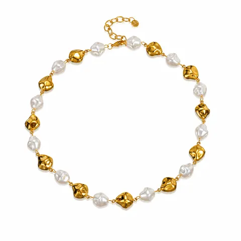 Irregular Baroque Artificial Pearl Beaded Necklace For Women Men Stainless Steel Molten Metal Bead Adjustable Chain Jewelry